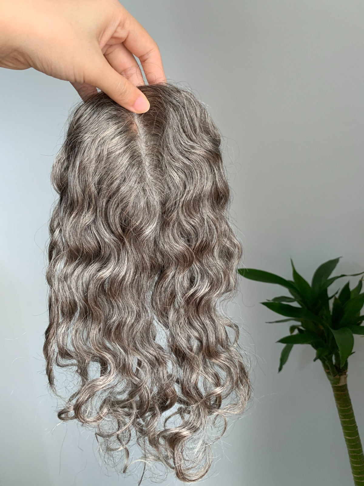 (Linda Hervey) 10*12cm Mono Base Curly Human Hair topper With Bangs