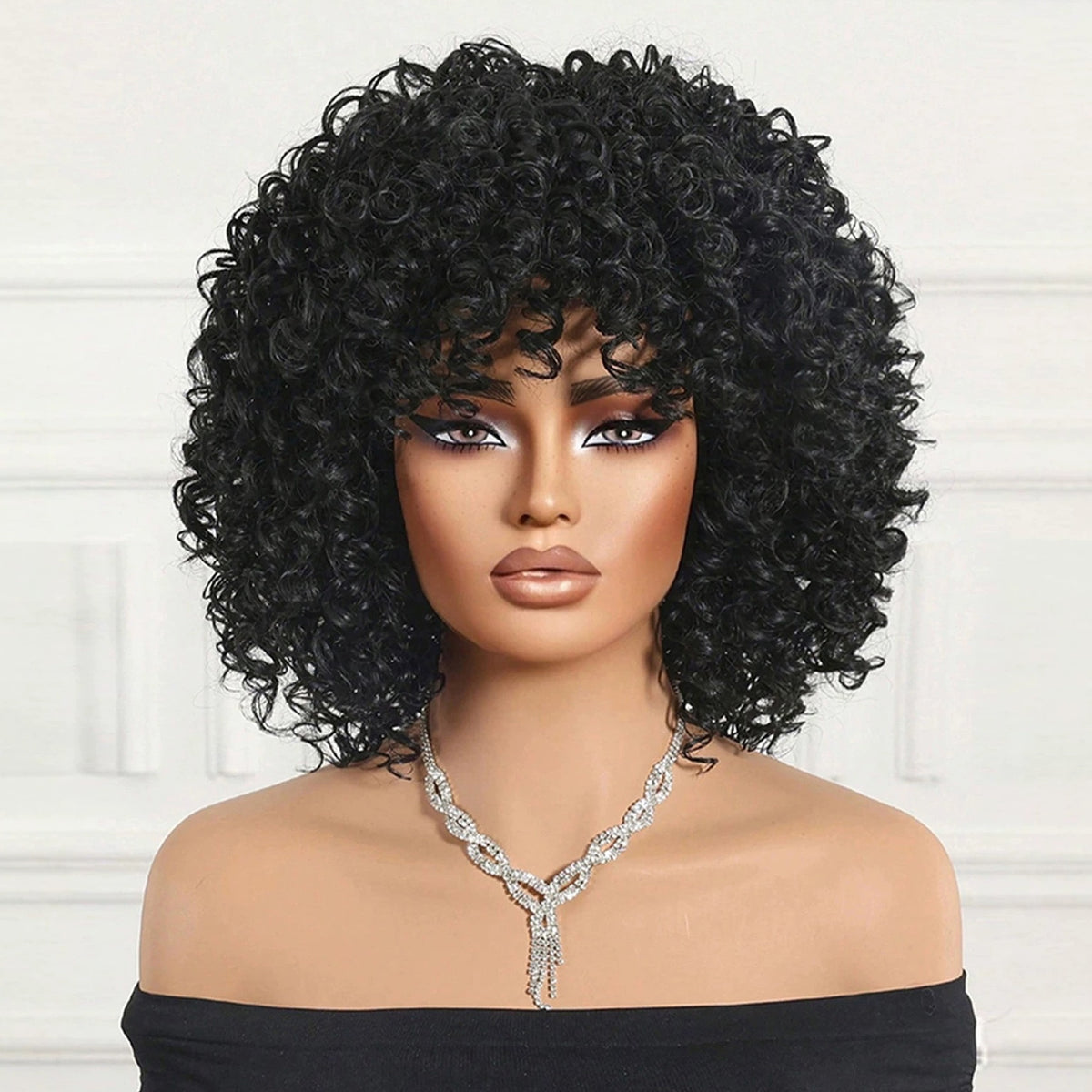 Voluminous Black Short Curly Wig — Fluffy African Curly Synthetic Hairpiece for Women