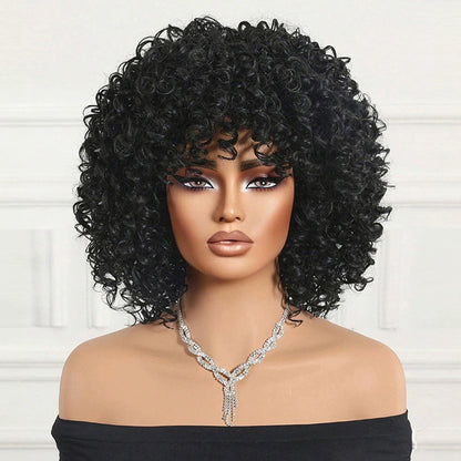 Voluminous Black Short Curly Wig — Fluffy African Curly Synthetic Hairpiece for Women