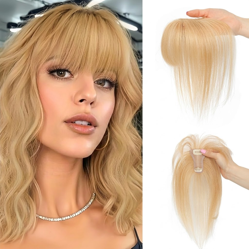 Real Human Hair French Bangs Crown Topper — Lightweight 3D Invisible Frontal Hairpiece