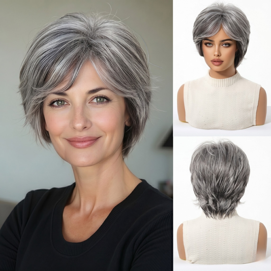 Natural Short Mixed Grey Synthetic Wigs for Older Women, Shaggy Layered Silver Grey Wig