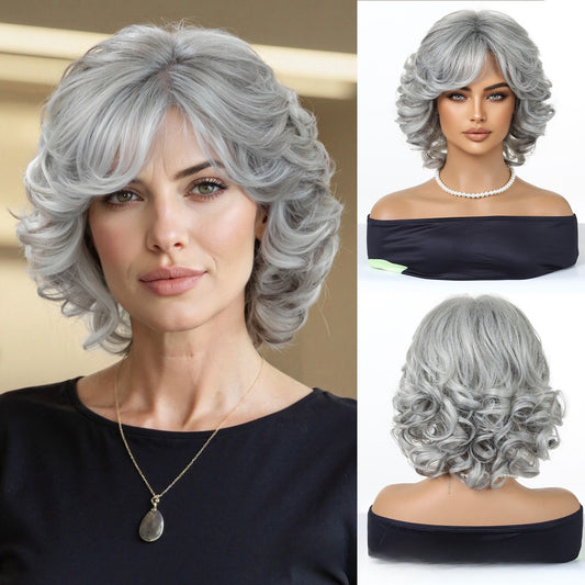 Silver Grey Wavy Bob Wig with Bangs | Voluminous Shoulder Length Synthetic Hair Wig