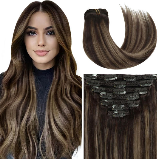 100% Human Hair Clip in Extensions - Mocha & Chestnut Balayage