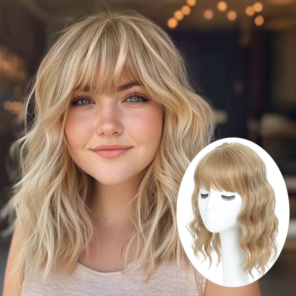 薄毛の方にも使える、贅沢で目立たないナチュラルウェーブヘアトッパー（前髪付き） 