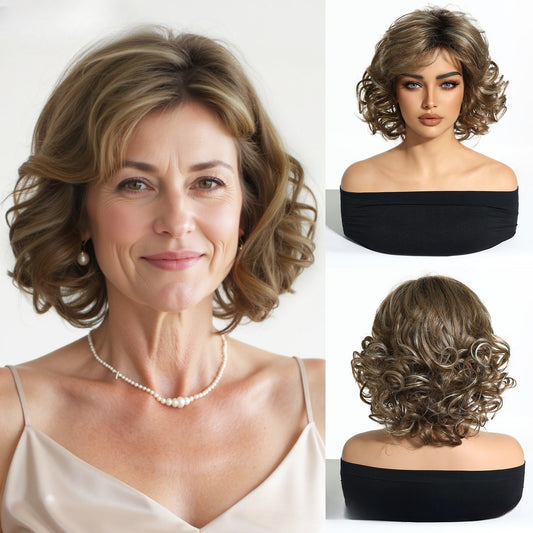 Voluminous Mid-Length Wavy Synthetic Wig | Honey Brown Balayage Bob with Soft Curls