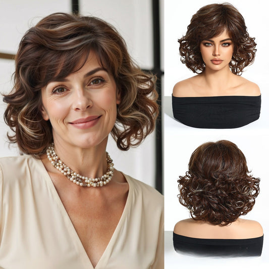 Voluminous Mid-Length Wavy Synthetic Wig | Short Curly Brown Wigs for Women