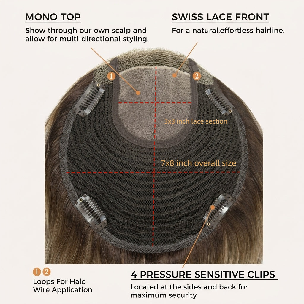 7"x8" Hand-Tied Mono Base Real Human Hair Topper | Seamless Lace Front, Lightweight & Realistic Density for Women
