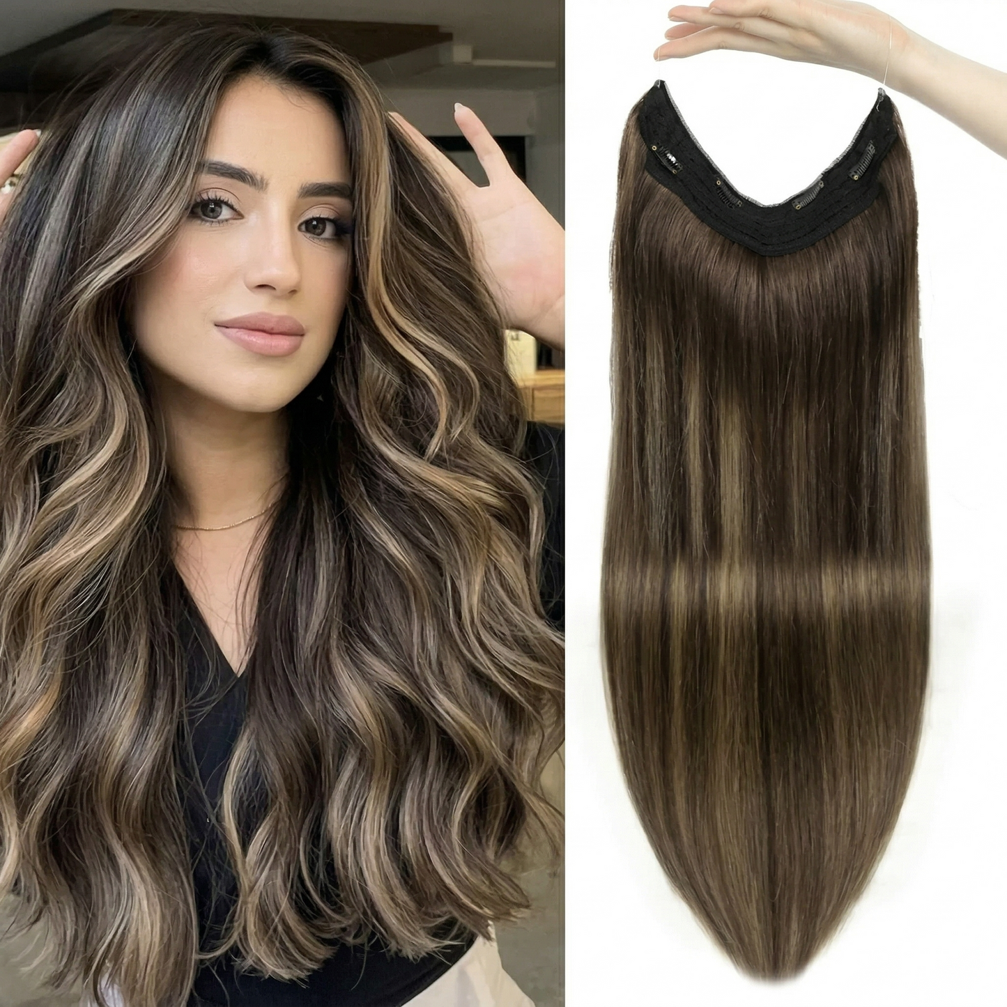100% Human Hair Halo Extensions - Medium Natural Brown
