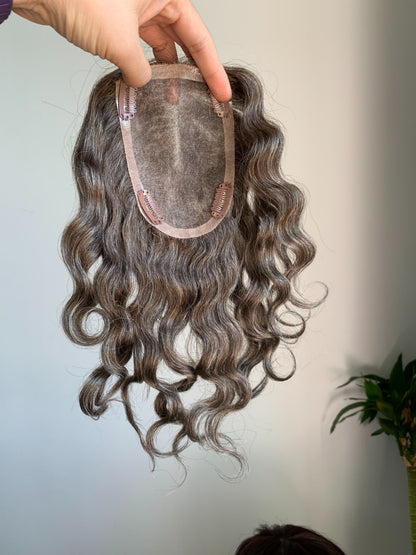 (Angie)  Curly Human Hair Topper and Wig With Side-parted Curtain Bangs