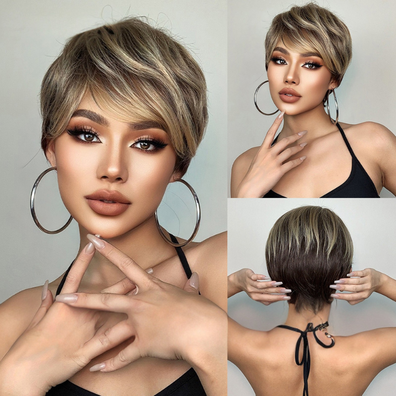 Short Brown Pixie Cut Wigs for Women - Layered Synthetic Hair Wig with Bangs
