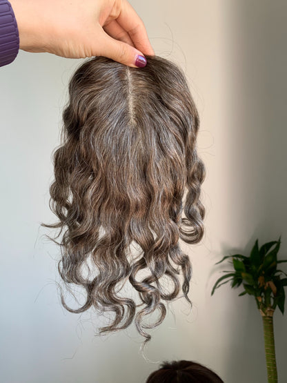 (Angie)  Curly Human Hair Topper and Wig With Side-parted Curtain Bangs