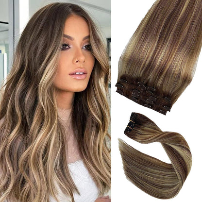 Light Brown Clip in Hair Extensions | 100% Human Hair