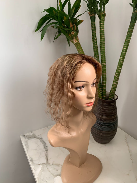 3.9×4.7インチ モノベース ハイライト 人毛 トッパー 根元付き (カスタマイズ) 