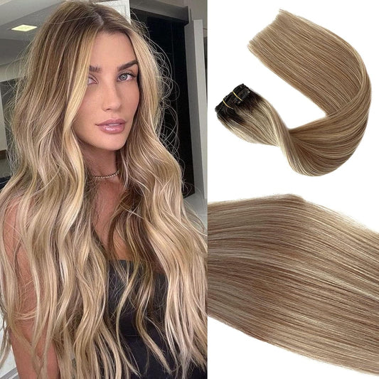 Clip in Hair Extensions | 100% Human Hair  Rooted Bronde Highlights
