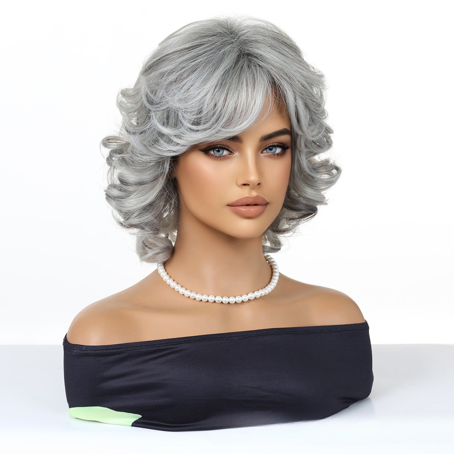 Silver Grey Wavy Bob Wig with Bangs | Voluminous Shoulder Length Synthetic Hair Wig