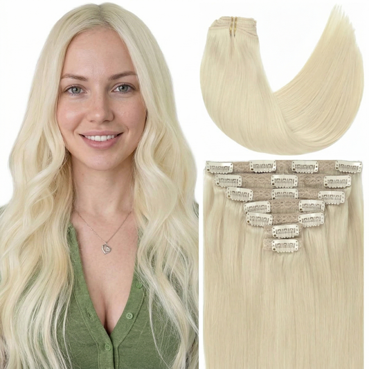 Platinum Blonde Clip in Hair Extensions | 100% Human Hair