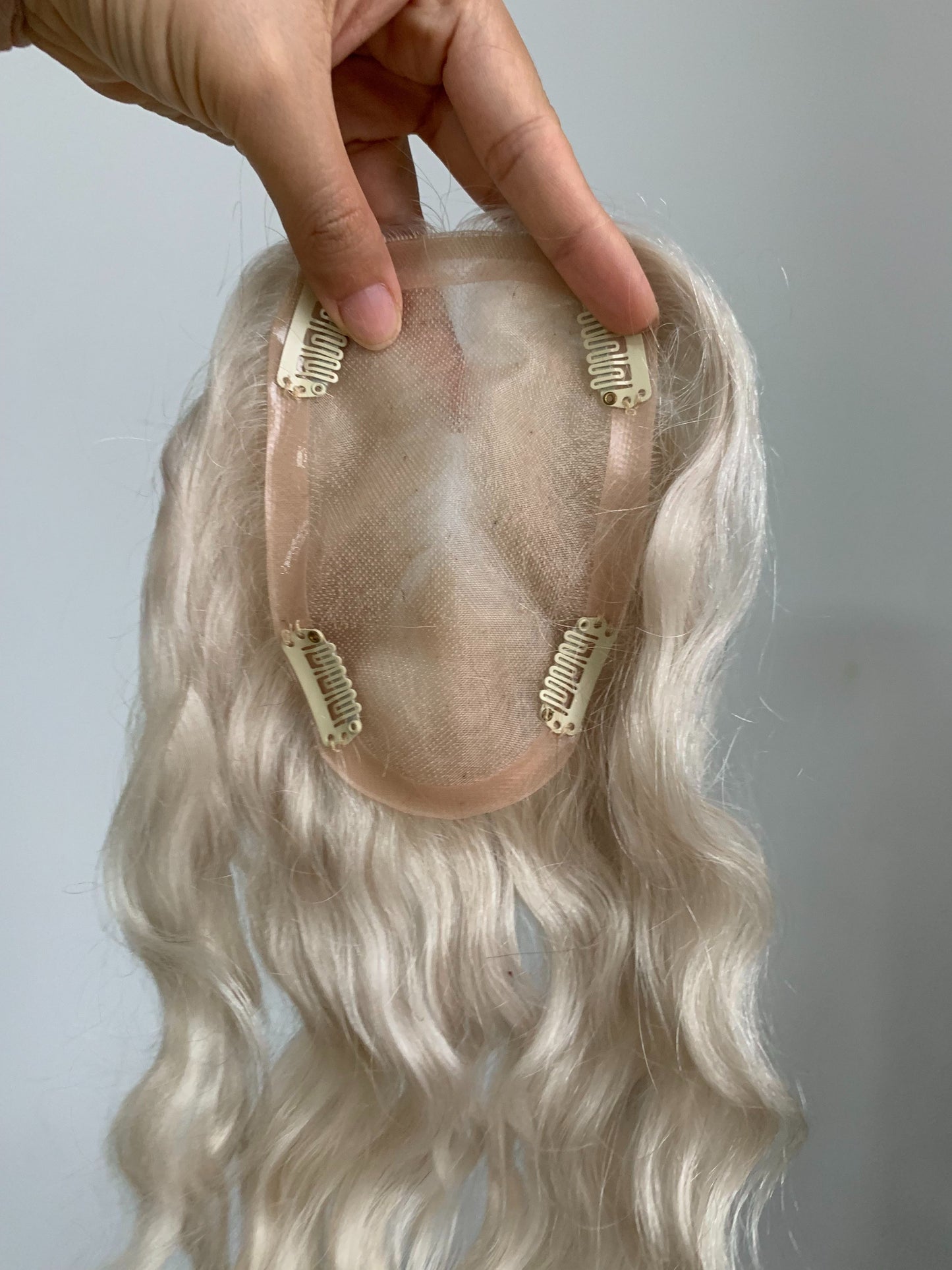 (Viktoria) 9*14cm Mono Base Wavy Human Hair topper With Bangs