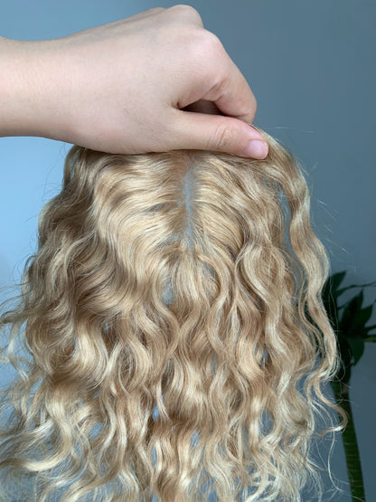 (Jane Kind) 10*12cm Mono Base Blonde Curly Human Hair topper Without Bangs