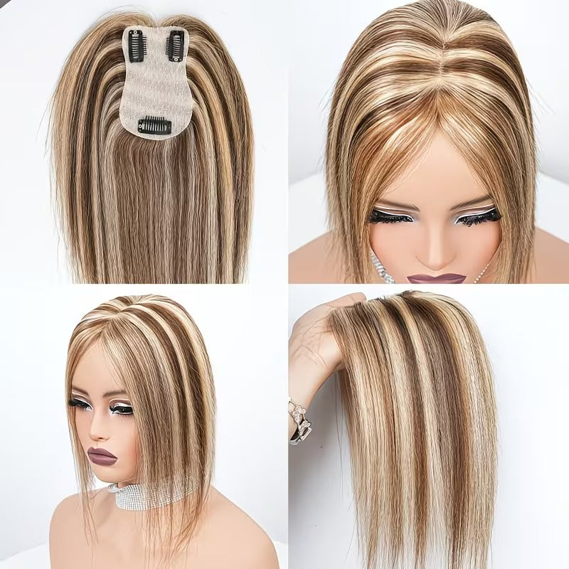 Luxury Blonde Highlights Straight Hair Topper for Women | Silk Base Human Hair Piece