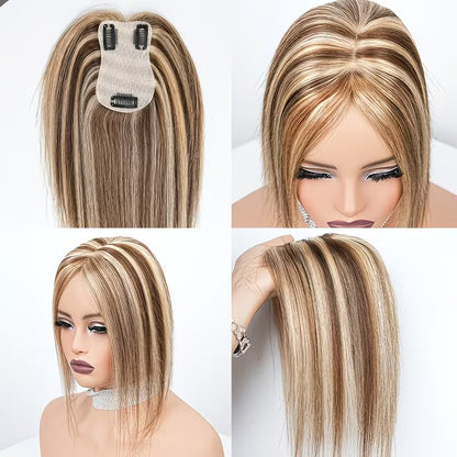 Luxury Blonde Highlights Straight Hair Topper for Women | Silk Base Human Hair Piece