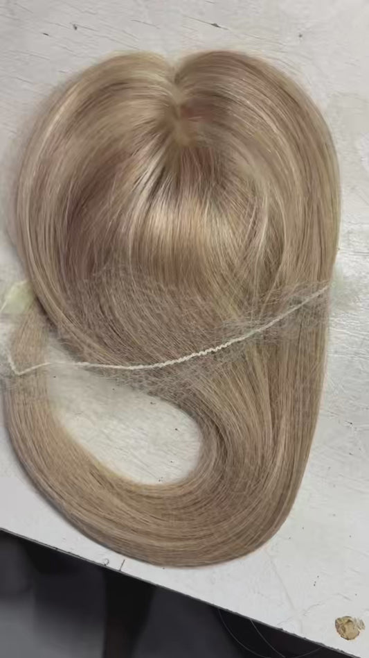 3.9×4.7インチ モノベース ハイライト 人毛 トッパー 根元付き (カスタマイズ) 