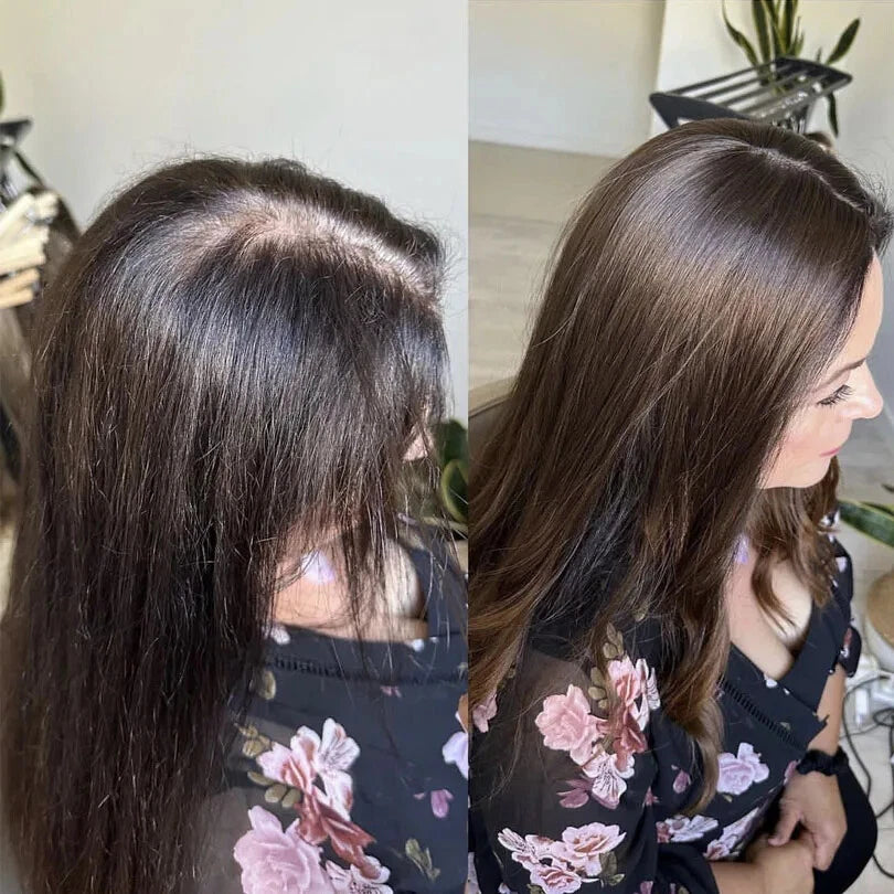 side view of natural straight silk top human hair topper blending with brown hair
